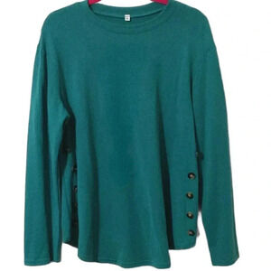 Women Heather Green Side Button Crew Neck Long Sleeve Scoop Hem Top. Size XL